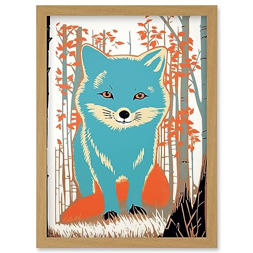 Artery8 Cute Blue Fox Forest Glade Landscape Bright Woodland Baby Animal Kids Bedroom Artwork Framed Wall Art Print A4