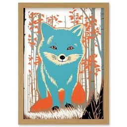 Artery8 Cute Blue Fox Forest Glade Landscape Bright Woodland Baby Animal Kids Bedroom Artwork Framed Wall Art Print A4