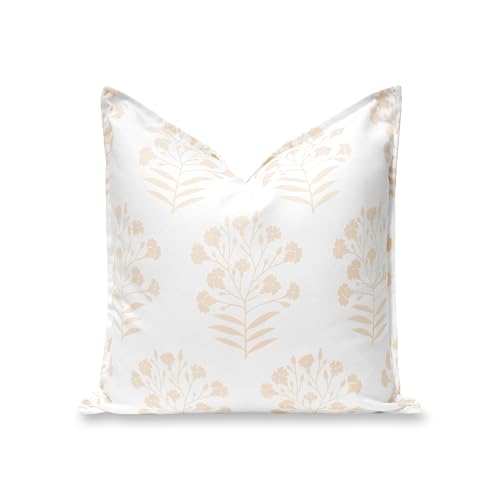 "Hofdeco Premium Coastal Hampton Patio Indoor Outdoor Throw Pillow Cover Only, 20""x20"" Water Repellent for Backyard, Couch, Poolside, Neutral Tan Print Floral"