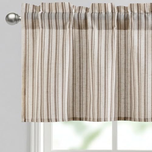 "JIUZHEN 52x14 Inch Kitchen Valance - Thick Textured Linen Striped Window Valance Curtain with 3"" Rod Pocket, Vertical Striped Brown (1 Panel)"