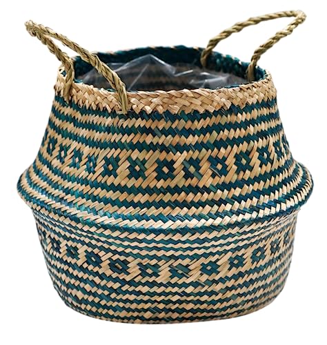 Ivyline Small Seagrass Tribal Lined Basket in Teal - Waterproof and Lightweight - Woven Seagrass Holder with Handles for Houseplants - H25cm x D30cm