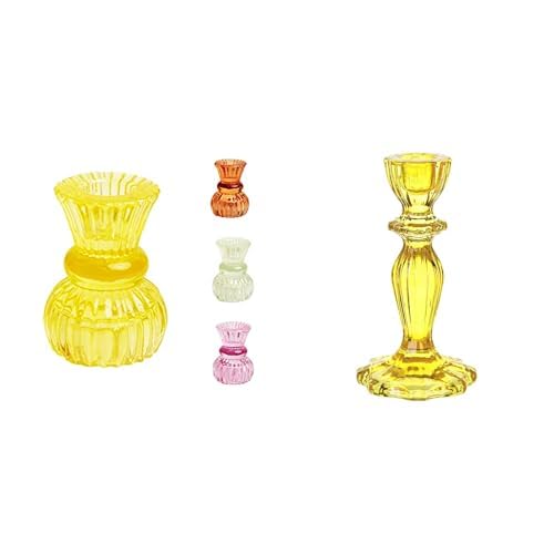 Small Yellow Glass Holder & Yellow Glass Tall Candlestick Holder Bundle