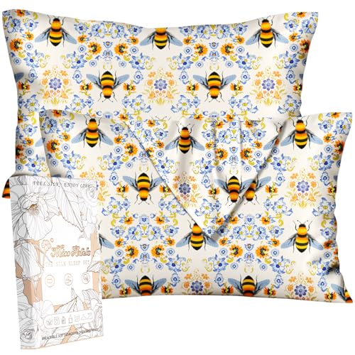 "Miss Adola Silk Pillowcase 2 Pack - Cute Pillow Cases 20"" x 26"" Standard Size Set of 2 for Hair and Skin Smooth Soft Breathable with Hidden Zipper Cooling Pillow Covers for Sleeping, Flower Bee"