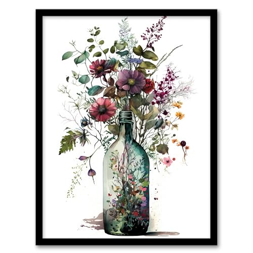 Wee Blue Coo Elegant Floral Bouquet in Wine Bottle Vase Watercolour Painting Orange and Purple Spring Flower Blooms Artwork Framed Wall Art Print A4