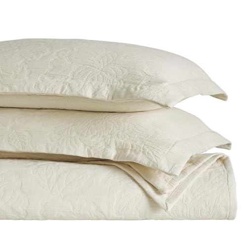 Superior 3 Piece Cotton Bedspread Set, Home Bed Decor, Decorative Bed Spread, 2 Pillow Shams, Medium Weight Blanket, Matelasse Coverlet, Bedding Essentials, Hibiscus Collection, California King, Ivory