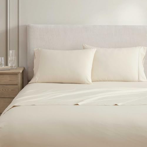 Martha Stewart - King Size Sheets Set, Crisp & Tailored Cooling Sheets w/a Naturally Smooth Cotton Percale Lightweight Feel - Matching Pillowcases & Fitted Sheet (Skylands Solid Beige)