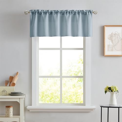 Melodieux Dusty Blue Semi Sheer Curtain Valance for Kitchen Cafe Small Windows Linen Rustic Rod Pocket Valance, 52 by 18 Inch, 1 Panel