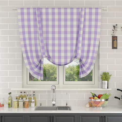 Natus Weaver Tie Up Curtain for Kitchen Window Buffalo Check Adjustable Tie Up Shades Plaid Gingham Farmhouse Rod Pocket for Bathroom, 42 x 45 Inches, 1 Panel Lilac and White