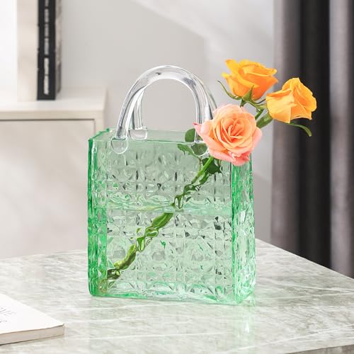 PORPAN Pocket Vase, Glass Vase for Flowers, Green Vases, 30 cm, Embossed, for Weddings, Living Room, Bedroom, Table, Office (Carry Bag)