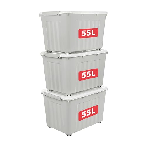 Cetomo 55L*3 Storage Boxes with Lids, Plastic Storage Box with Wheels and Secure Side Latches, Stackable & Nestable Organizer for Home, Office, Moving, PP, Gray, 55L-3 Pack