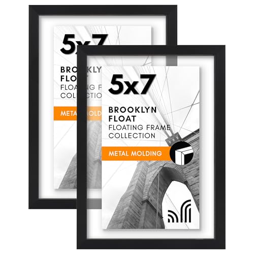 Americanflat Aluminum 5x7 Floating Picture Frame with Shatter-Resistant Glass - Set of 2 - Use as 5x7 Frame or 4x6 Picture Frame - Signature Float Collection - Photo Frame for Wall Display - Black