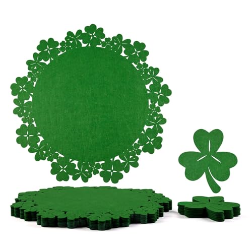 Noctiflorous St. Patrick???s Day Shamrock Round Felt Placemats with Coasters Set of 6 Table Decoration Durable Heat-Resistant Non-Slip Washable Place Mats Indoor Outdoor Kitchen Dining Table Mats