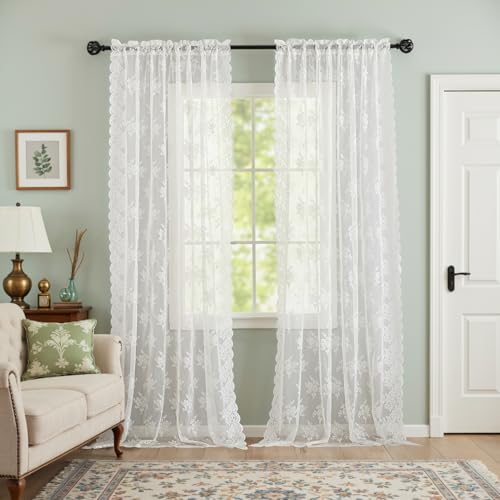 Kotile Ivory Lace Curtains 72 Inches Long 2 Panels, Country Rustic Floral Design Sheer Lace Curtains for Living Room, Rod Pocket Privacy Window Lace Curtain Panels, 42 x 72 Inch Each, Ivory