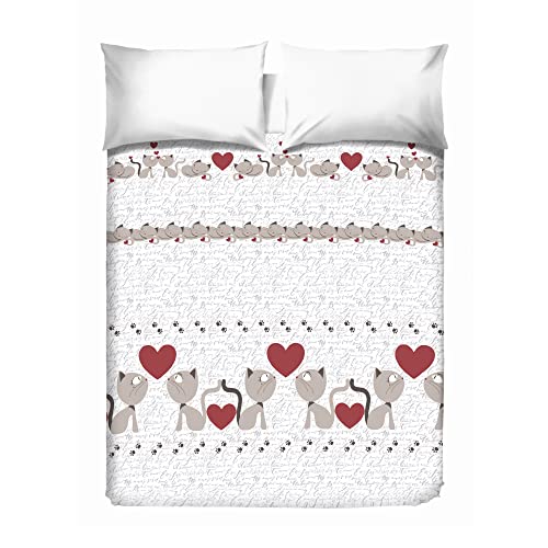 PENSIERI DELICATI Double Bed Cover 260 x 280 cm, Single Sheet 100% Cotton Pique, Ideal as Furnishing Towel, Blanket Save Bed 2 Squares, Beige Kittens, 100% Made in Italy