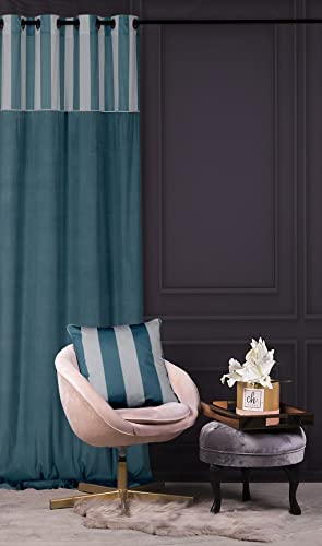 Chic Stripe Velvet Curtain 140 x 270 cm with Eyelets Turquoise