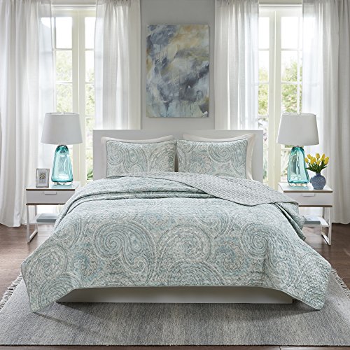 Comfort Spaces Quilt Set-Trendy Paisley Summer Cover, Cozy Coverlet Lightweight All Season Bedding Layer for Winter, Matching Shams, King/Cal King, Kashmir Paisley Blue