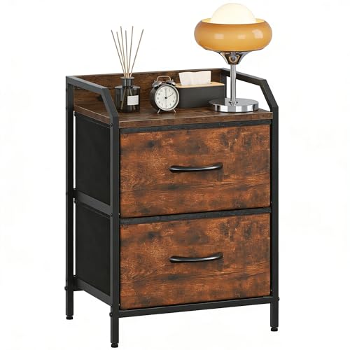 Feonase Bedside Table with 2 Storage Fabric Drawers, Bedside Cabinet 40cm Wide With Sturdy Metal Frame, Bed Side Table for Bedroom & Living Room Modern, Rustic Brown