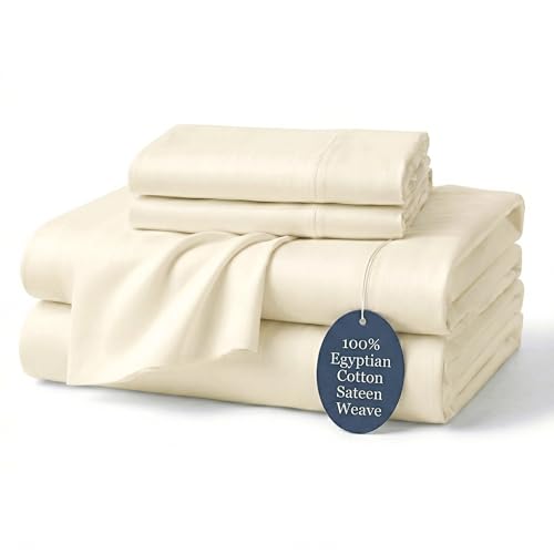 "Decfair 100% Egyptian Cotton Queen Bed Sheets Set 1000 Thread Count Ivory Luxury Hotel Soft and Smooth Queen Size Sheet Set 16"" Deep Pocket Sateen Weave Extra Long Staple Cotton Bedding - 4 Piece"