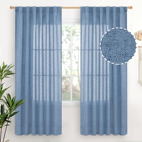 YoungsTex Denim Blue Linen Curtains 72 Inch Length for Living Room - Light Filtering Semi Sheer Drapes with Rod Pocket Back Tab Privacy Coastal for Bedroom, 2 Panels, 52 x 72 Inch