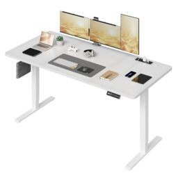 JUMMICO Standing Desk with Power Outlet 160 x 80 cm, Electric Height Adjustable Desk with 4 Memory Function, Sit-Stand Office Desk, Computer Desk with Cable Management Box, White