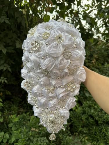 "Mhojpik Luxury Cascade Bridal Wedding Bouquet Satin Rose Waterfall Holding Bouquet Artificial Flower Bunch for Bride Bridesmaid(White, 17.3"" x 8.7"")"