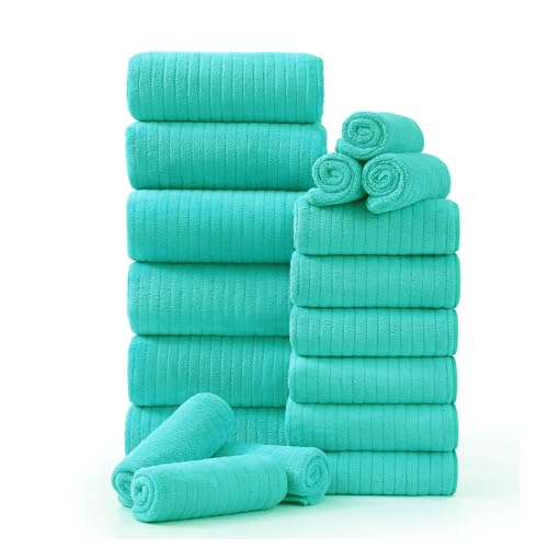 18 Piece Family Bath Towel Set Include 6 Bath Towels,6 Hand Towels and 6 Washcloths Soft Bathroom Towel with Hanging Loops,Highly Absorbent Quick Dry Towels Set for Bathroom,Hotel and Spa- Dark Cyan