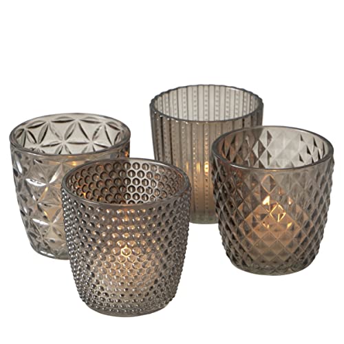 Boltze Marilu 2002930 Lantern Set of 4 Grey Decorative Glasses for Candles/Tea Lights/Candle Holder Diameter 8 cm/Various Patterns/Round Shape/Tea Light Holder