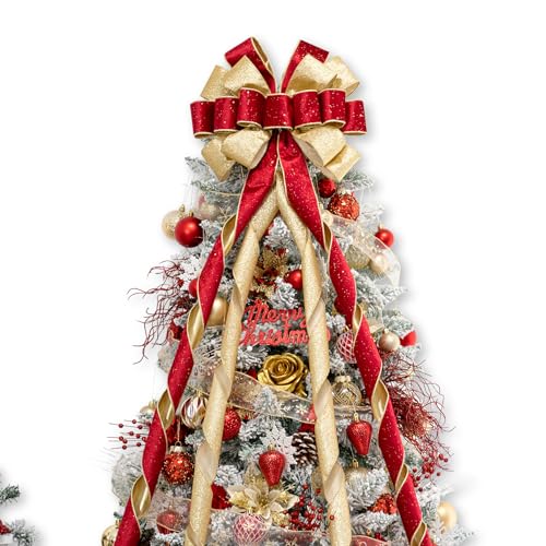 Hismir Christmas Tree Topper Bow,53x13 Inches Large Christmas Bow with Glitter Streamer,Decorative Bows for Xmas Tree Wreath Door Festival Home Decor(Red Gold)