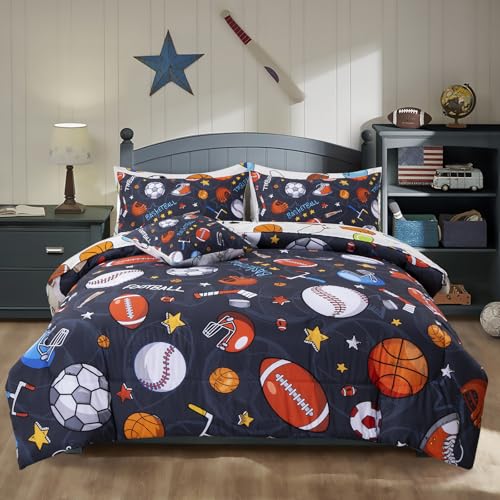 A Nice Night 6Pcs Bed in A Bag Full Sports Microfiber Modern Comforter Set,Gray Rugby Ball Printed Bedding Collections,for Boys Kids Teen