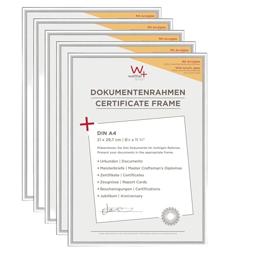 walther Design Picture Frame Silver 21 x 29.7 cm (DIN A4) with Art Glass 5-Pack, New Lifestyle Plastic Frame KVX130S5