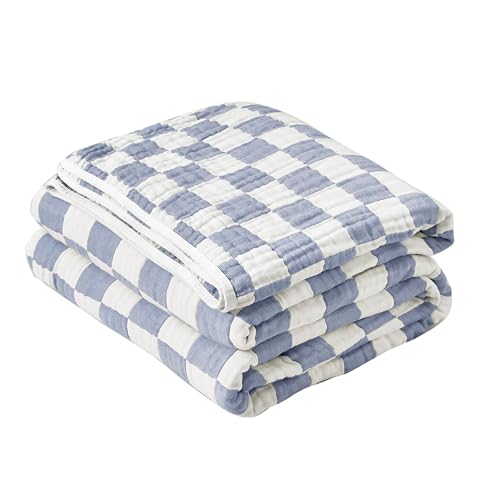 "SANACYNA Muslin Blankets 100% Cotton 6-Layer Gauze Blue Grid Cooling Throw Blanket Lightweight Soft and Breathable Blanket for Sofa Bed Coverlet Both Sides (Blue Checker, Throw 50""x60"")"