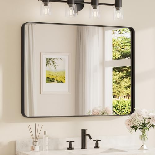 TETOTE 40x30 Inch Black Frame Mirror, Bathroom Vanity Mirror for Wall, Modern Rectangle Round Corner Matte Framed Mirror (Horizontal/Vertical)