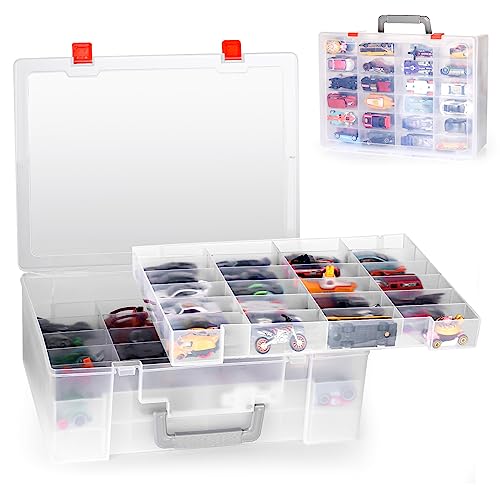 RHCOM Toy Organizer.72 Compartments.Toy Storage Box Compatible With Hot wheels Cars, Matchbox Cars,Mini Toys and Small Dolls.Toy Storage Display Case With 3 Layers of Removable Trays (Transparent)