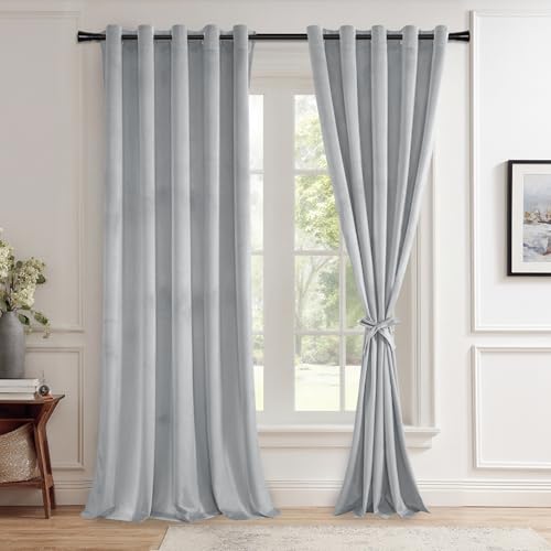 JIUZHEN Velvet Curtains for Living Room - Thermal Insualted Room Darkening Grommet Soft Retro Window Drapes for Bedroom/Sliding Door, Set of 2 Panels with Tiebacks,60W x 90L???Silver Grey