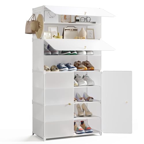 Mondeer Shoe Storage Cabinet, 8-Tier for 24 Pairs of Shoes, Oversized Plastic Shoe Rack with Doors, Removable Shelf and Hooks, for Hallway Entryway Closet, White