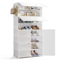 Mondeer Shoe Storage Cabinet, 8-Tier for 24 Pairs of Shoes, Oversized Plastic Shoe Rack with Doors, Removable Shelf and Hooks, for Hallway Entryway Closet, White