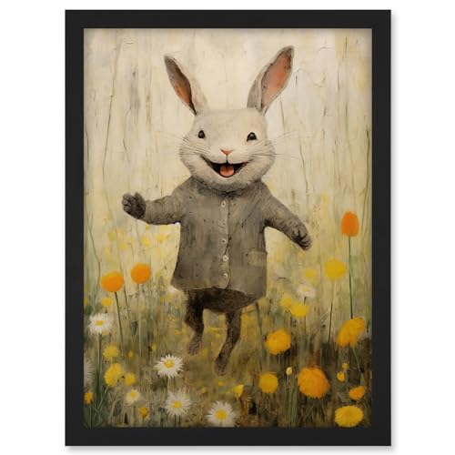 Artery8 Raincoat Rabbit Happy Bunny Flower Meadow Kids Girls Bedroom Nursery Artwork Framed A3 Wall Art Print
