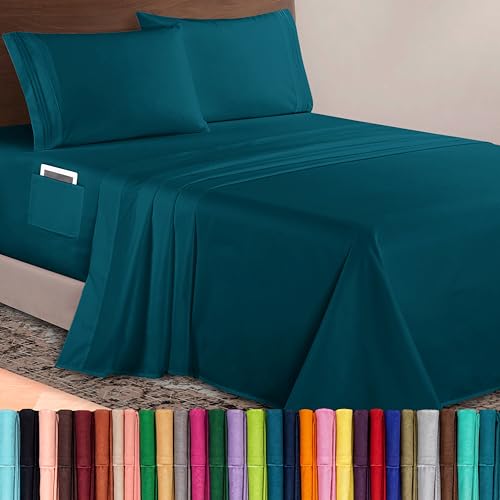 Elegant Comfort Luxurious 1500 Premium Hotel Quality Microfiber 4-Piece Sheet Set, 18-24 Inches Deep - Extra Deep Pocket Sheets - Ultra Soft 4PC Deep Pocket Sheets, Queen, Marine Teal