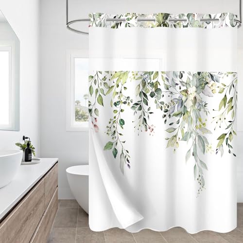 Gibelle No Hook Shower Curtain with Snap-in Fabric Liner Set for Bathroom, Hotel Style Sage Green Eucalyptus Leaves Shower Curtain with See Through Top Window, Waterproof & Washable, 72x74