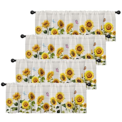 Emvency 4 Pack Valances Window Treatments, Farmhouse Sunflower Spring Summer Butterfly Blackout Adjustable for Living Room Bathroom Bedroom Kitchen Over Sink, 18x52 Inch Rod Pocket Valances