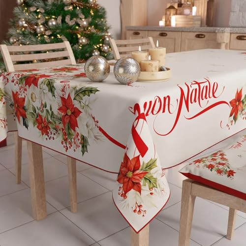 PETTI Artigiani Italiani - Christmas Tablecloth Stain Resistant Rectangular Table Cover for Kitchen, Merry Christmas Design, 140x240 cm, 100% Made in Italy