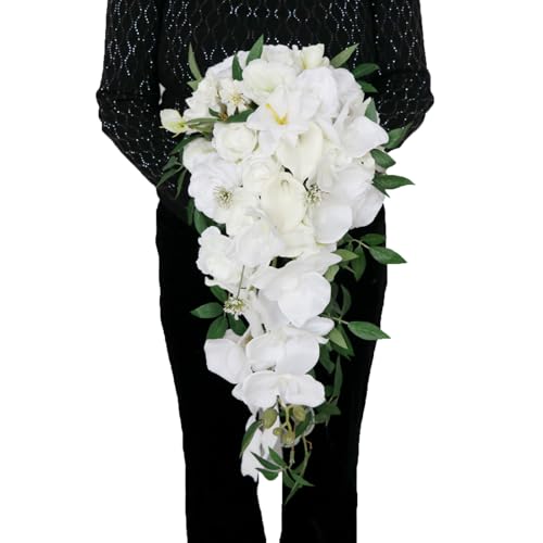 Gkvszy 9.8 Inch Cascading Bridal Bouquet Waterfall Cascade Bridal Wedding Bouquet for Bride with Artificial White Calla Lily Rose and Phalaenopsis Flower Greenery Rustic