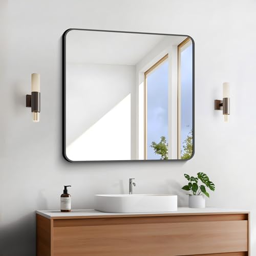 "FORBATH Bathroom Mirror 30"" x 30"", Large Square Wall Mirror with Black Aluminum Frame Rounded Corner, Wall Mounted Mirror for Bathroom Bedroom Entryway Living Room"