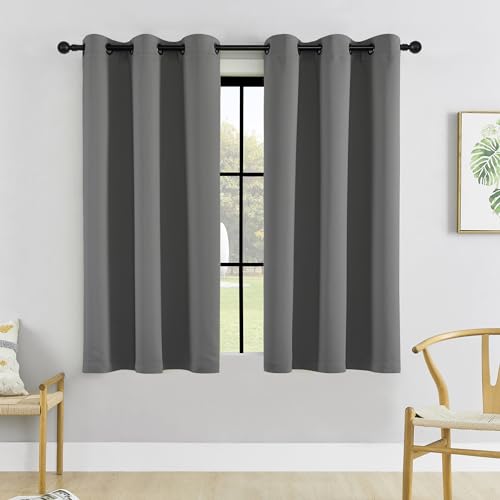 HUTO Short Blackout Curtains Drapes - Thermal Insulated Antique Copper Grommet Black Out Drapery Panels for Basement Bathroom Small Windows, Set of 2, 42 Inch by 45 Inch, Grey