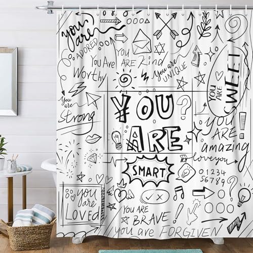 Funny Inspirational Shower Curtain Black and White You Are Neutral Abstract Motivational Positive Shower Curtain Set, Cool Teen Kids Boys Girls Graffiti Bathroom Curtain with Hooks, 70X70IN Black
