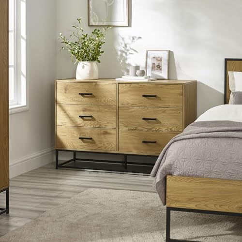 Julian Bowen Harlow Chest of Drawers - 6 Drawer Wooden Cabinet with Industrial Black Metal Handles & Legs, Oak Effect Wide Storage Dresser for Bedroom - 80 x 120 x 40cm