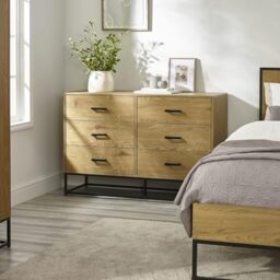 Julian Bowen Harlow Chest of Drawers - 6 Drawer Wooden Cabinet with Industrial Black Metal Handles & Legs, Oak Effect Wide Storage Dresser for Bedroom - 80 x 120 x 40cm