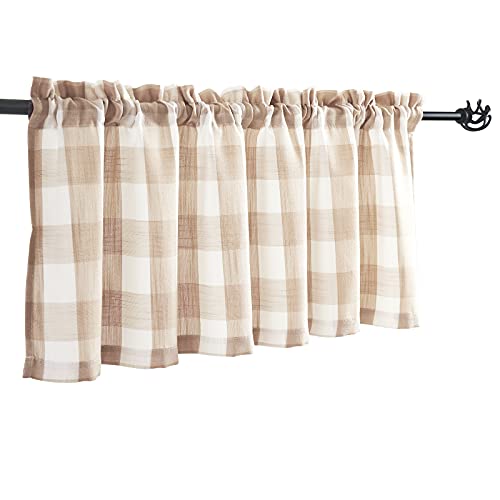 "Treatmentex Buffalo Check Kitchen Valance Curtains for Living Room Taupe and White Farmhouse Check Plaid Window Valance for Bathroom 52"" W X 15inch 1 Panel"