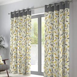 "Fusion Grey & Ochre Leaf Curtains W66 x L54"" (168x137cm) – 100% Cotton – 2 Panels – Eyelet – Grey & Yellow Floral Bedroom & Living Room Drapes – Beechwood Collection"