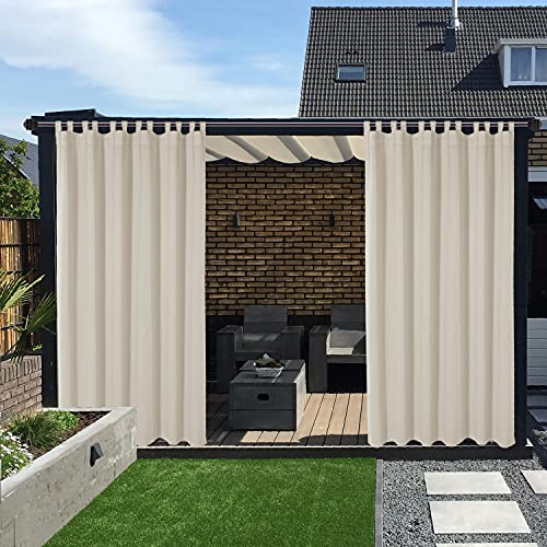 LORDTEX Waterproof Indoor/Outdoor Curtains for Patio - Thermal Insulated, Sun Blocking Detachable Sticky Tab Top Blackout Curtains for Bedroom, Porch, Pergola, 100 x 95 inch, 2 Panels, Vanilla